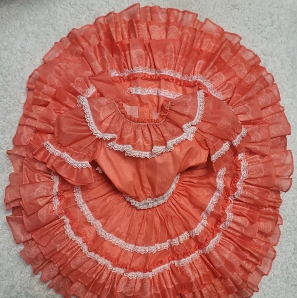 Vintage Girls Ruffle Party Dress Size 5 Orange Full Circle Lace Three Tiers - Picture 4 of 5